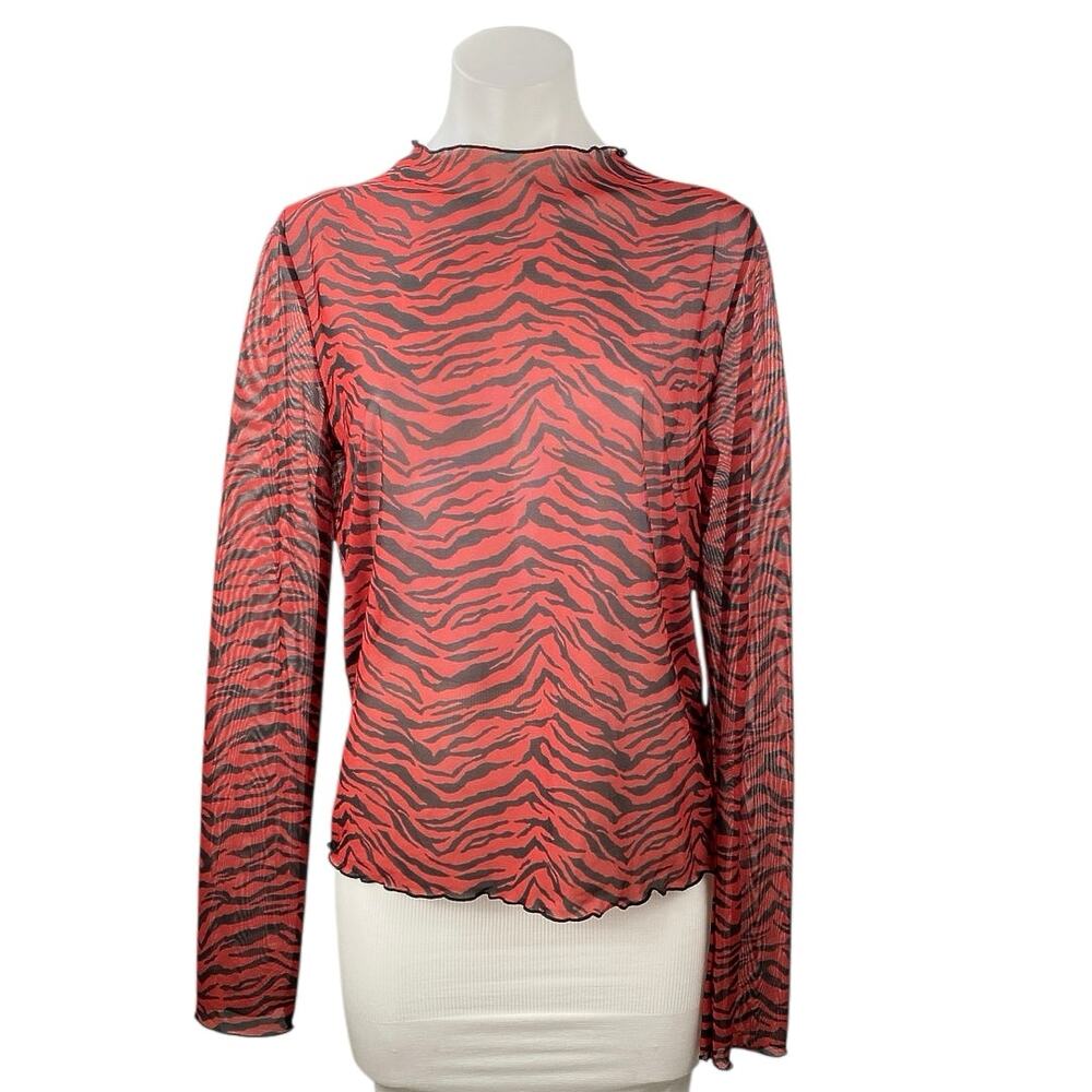 Zara Women's Red Black Zebra Animal Print Sheer Long Sleeve Blouse Top Size L
